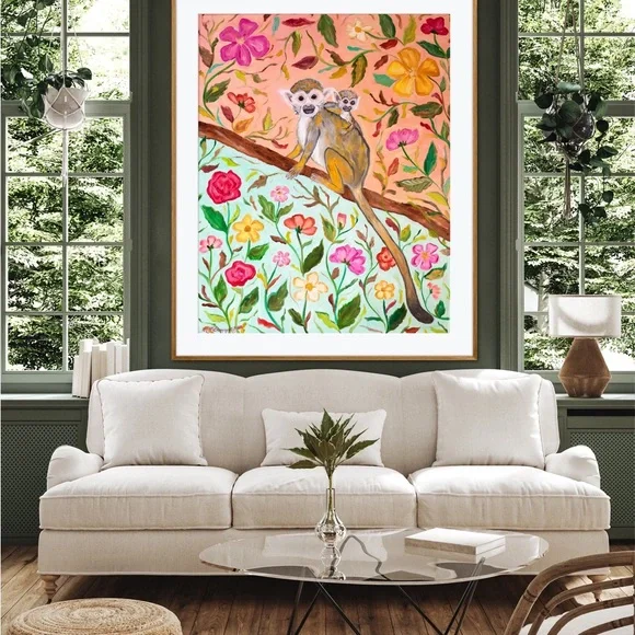 Squirrel Monkeys Art Print Oil Painting tropical floral botanical animal decor - Picture 6 of 9